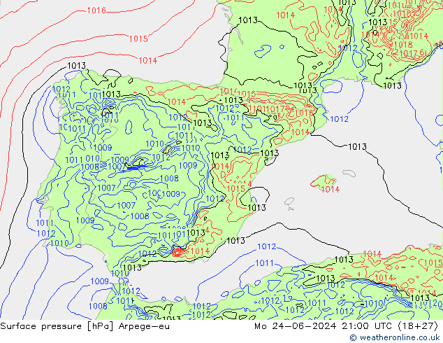 Surface pressure Arpege-eu Mo 24.06.2024 21 UTC