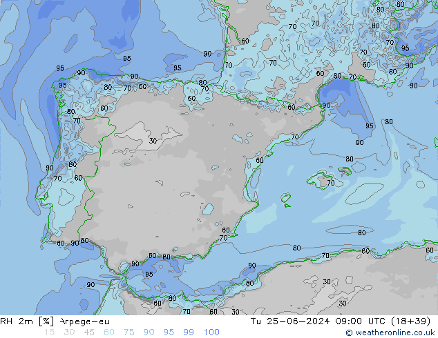 RH 2m Arpege-eu Tu 25.06.2024 09 UTC