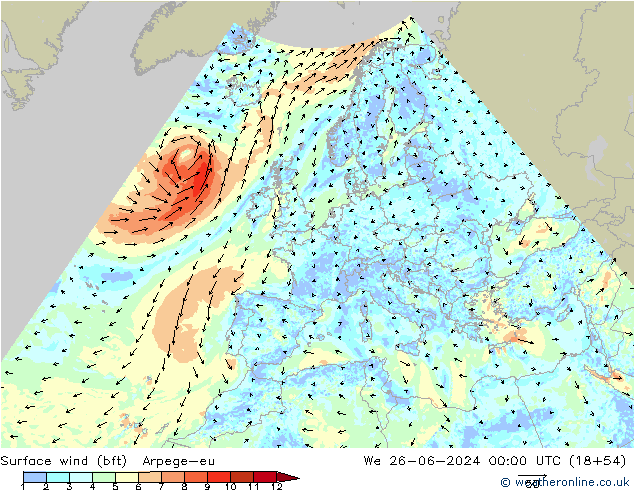 Vento 10 m (bft) Arpege-eu Qua 26.06.2024 00 UTC