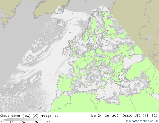 Cloud cover (low) Arpege-eu Mo 24.06.2024 06 UTC