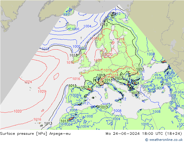 Surface pressure Arpege-eu Mo 24.06.2024 18 UTC
