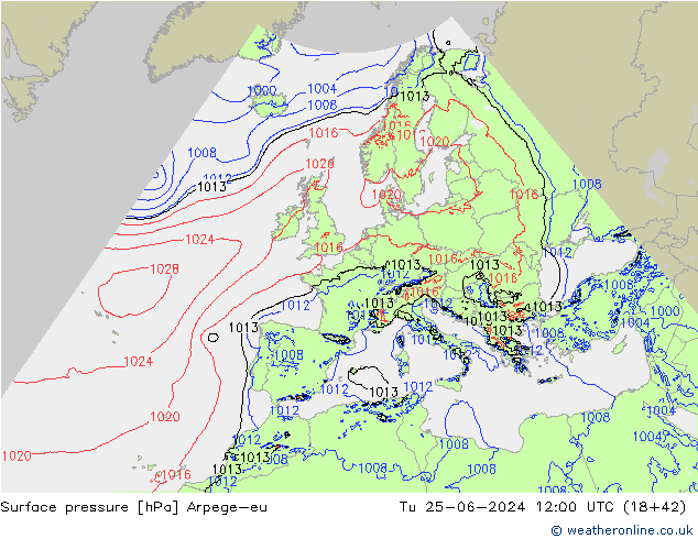 Surface pressure Arpege-eu Tu 25.06.2024 12 UTC