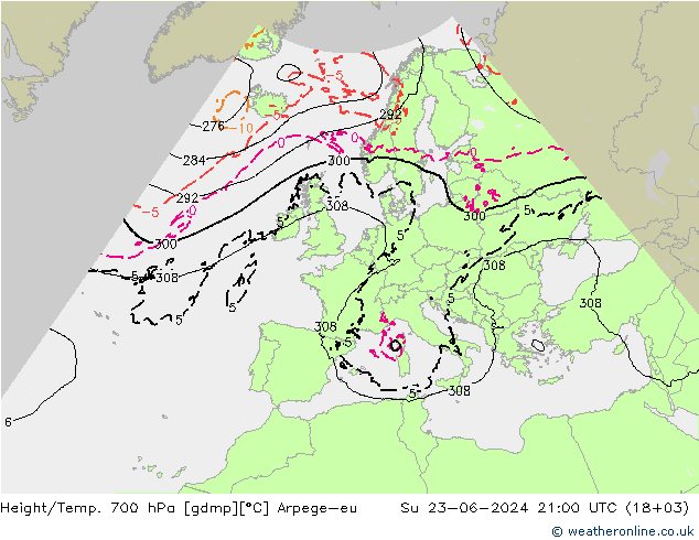 Geop./Temp. 700 hPa Arpege-eu dom 23.06.2024 21 UTC