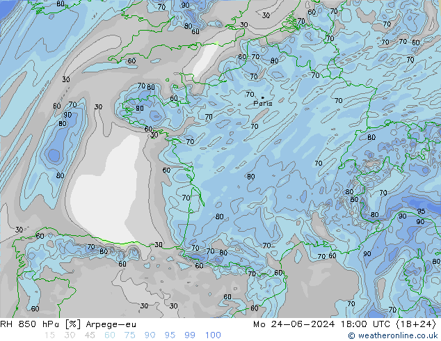 RH 850 гПа Arpege-eu пн 24.06.2024 18 UTC