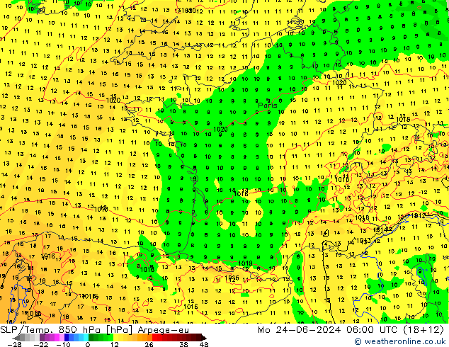 SLP/Temp. 850 hPa Arpege-eu Mo 24.06.2024 06 UTC