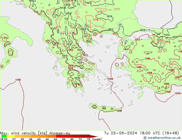 Max. wind velocity Arpege-eu Tu 25.06.2024 18 UTC