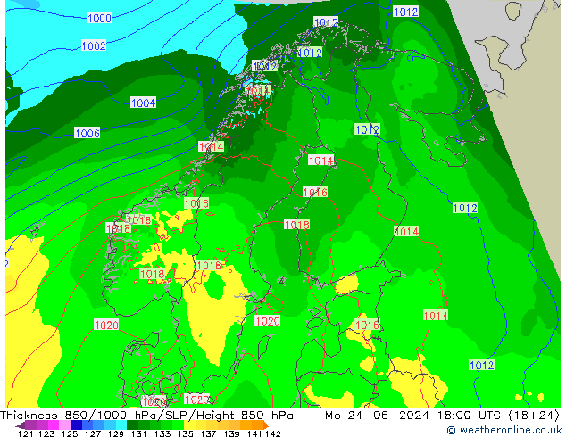 Dikte 850-1000 hPa Arpege-eu ma 24.06.2024 18 UTC