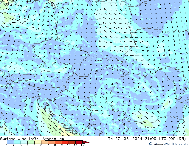 Surface wind (bft) Arpege-eu Th 27.06.2024 21 UTC