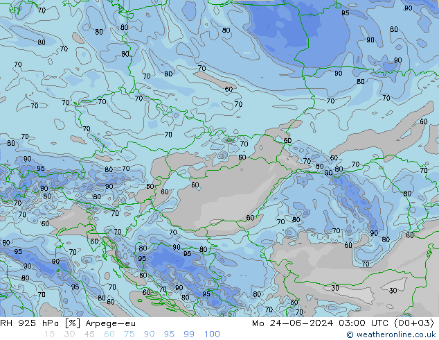 Humedad rel. 925hPa Arpege-eu lun 24.06.2024 03 UTC