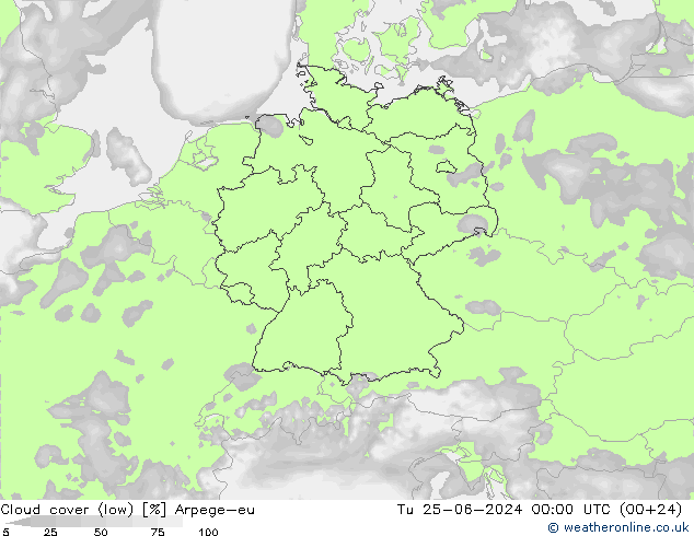 Cloud cover (low) Arpege-eu Tu 25.06.2024 00 UTC