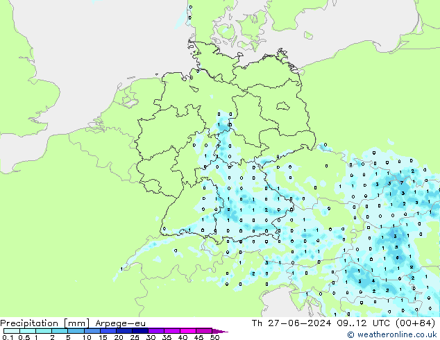 Precipitazione Arpege-eu gio 27.06.2024 12 UTC