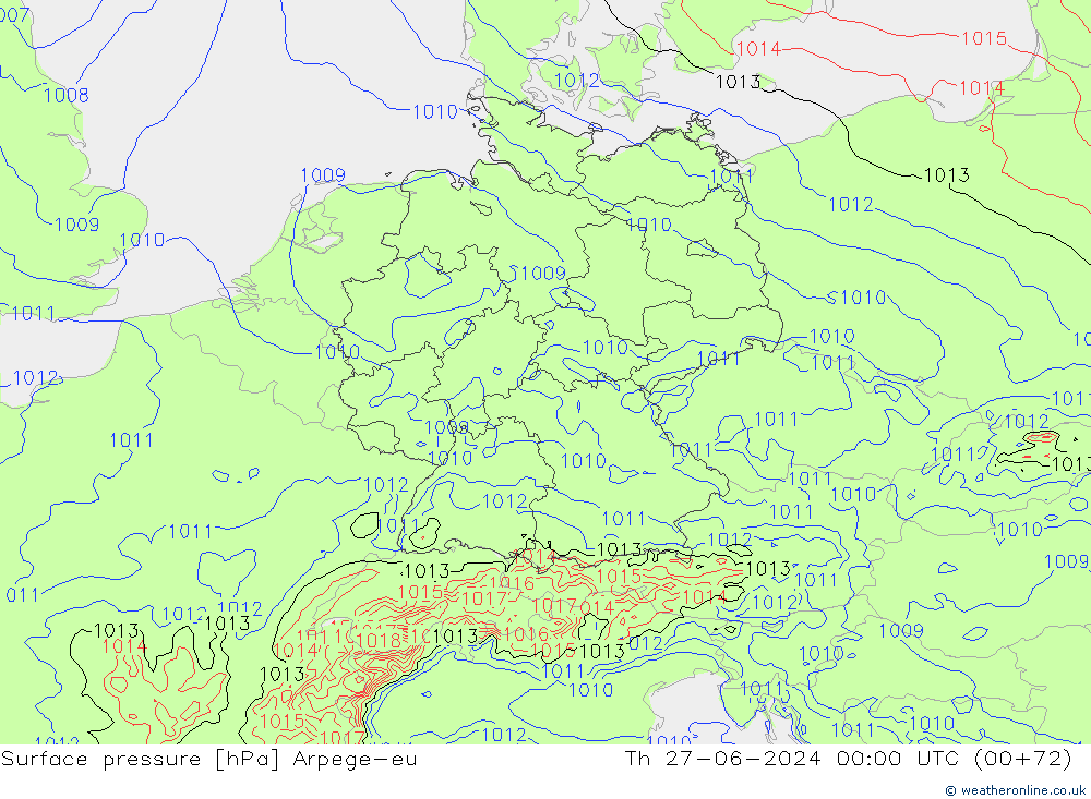 Atmosférický tlak Arpege-eu Čt 27.06.2024 00 UTC