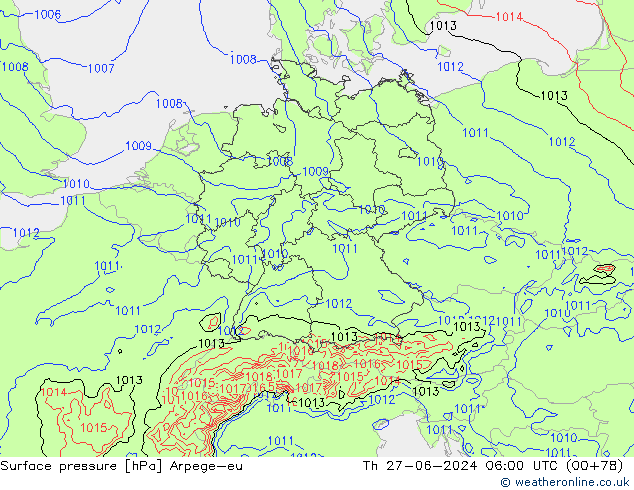 Atmosférický tlak Arpege-eu Čt 27.06.2024 06 UTC