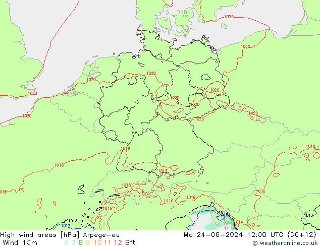 High wind areas Arpege-eu Po 24.06.2024 12 UTC