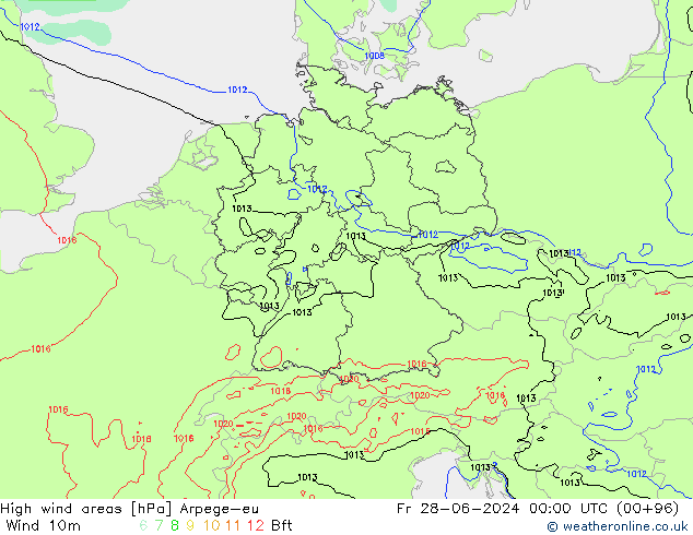 High wind areas Arpege-eu пт 28.06.2024 00 UTC