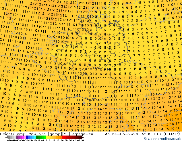 Height/Temp. 850 hPa Arpege-eu lun 24.06.2024 03 UTC