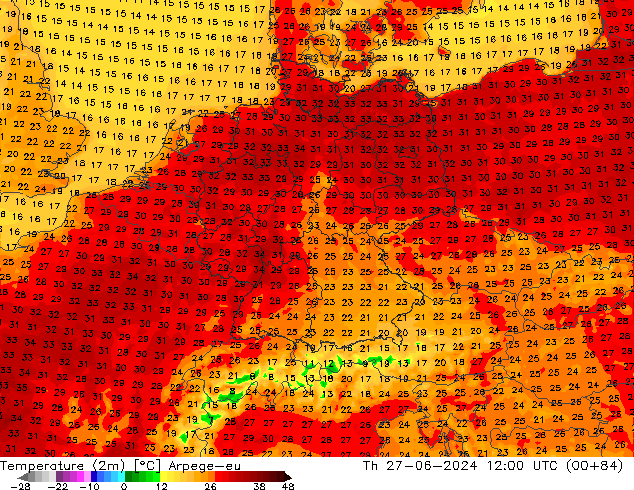 Temperatuurkaart (2m) Arpege-eu do 27.06.2024 12 UTC