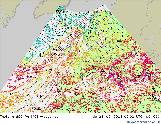 Theta-e 850hPa Arpege-eu lun 24.06.2024 06 UTC