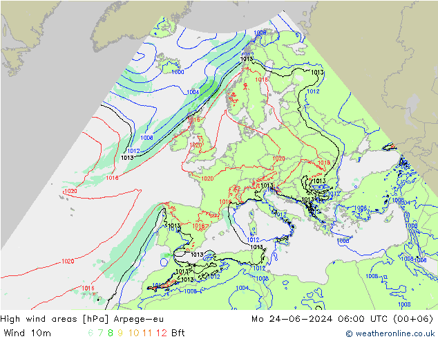 High wind areas Arpege-eu Po 24.06.2024 06 UTC