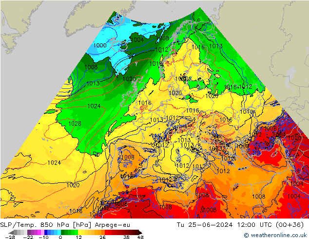 SLP/Temp. 850 hPa Arpege-eu Tu 25.06.2024 12 UTC