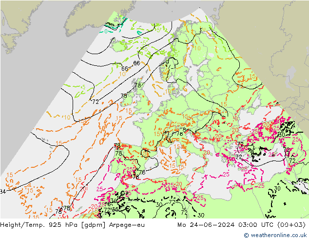 Height/Temp. 925 hPa Arpege-eu 星期一 24.06.2024 03 UTC