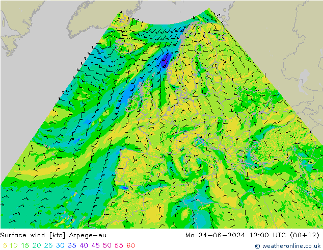 Surface wind Arpege-eu Mo 24.06.2024 12 UTC