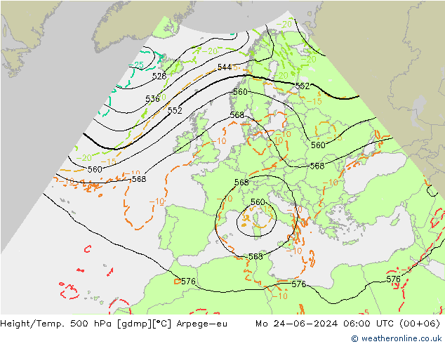 Height/Temp. 500 hPa Arpege-eu Mo 24.06.2024 06 UTC