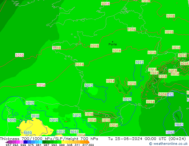 Thck 700-1000 hPa Arpege-eu Ter 25.06.2024 00 UTC