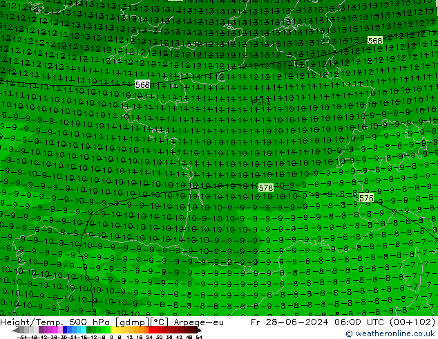 Hoogte/Temp. 500 hPa Arpege-eu vr 28.06.2024 06 UTC