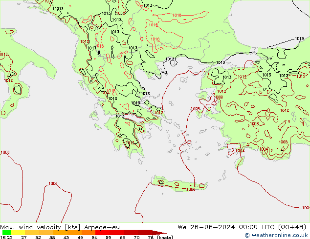 Max. wind velocity Arpege-eu Qua 26.06.2024 00 UTC