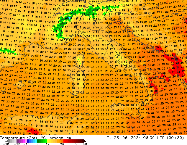 mapa temperatury (2m) Arpege-eu wto. 25.06.2024 06 UTC