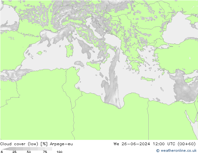 Cloud cover (low) Arpege-eu We 26.06.2024 12 UTC