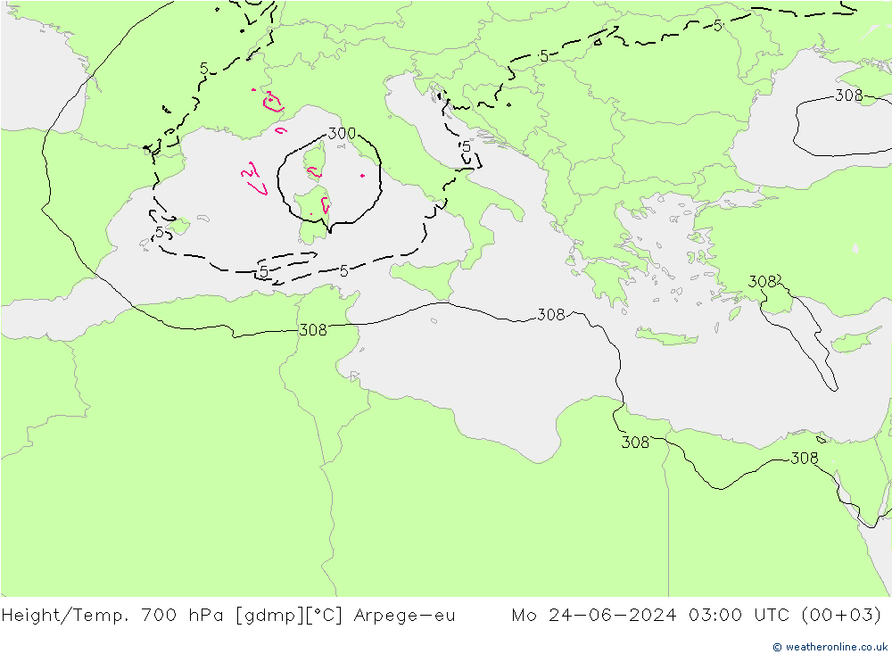 Geop./Temp. 700 hPa Arpege-eu lun 24.06.2024 03 UTC