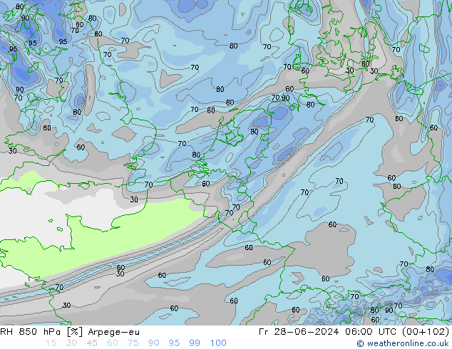 RH 850 hPa Arpege-eu Sex 28.06.2024 06 UTC