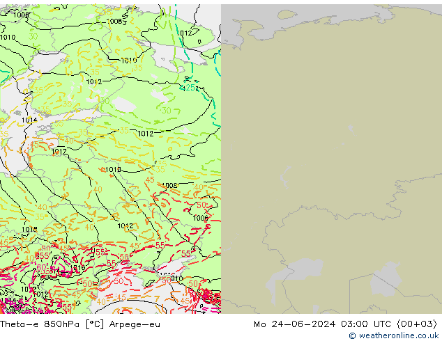 Theta-e 850hPa Arpege-eu pon. 24.06.2024 03 UTC