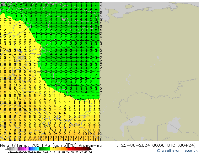 Height/Temp. 700 гПа Arpege-eu вт 25.06.2024 00 UTC