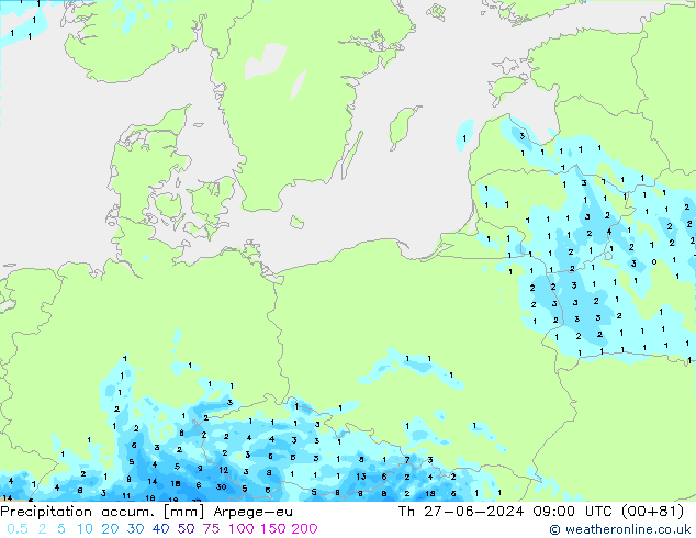 Precipitation accum. Arpege-eu czw. 27.06.2024 09 UTC