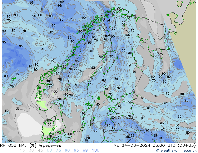 Humidité rel. 850 hPa Arpege-eu lun 24.06.2024 03 UTC