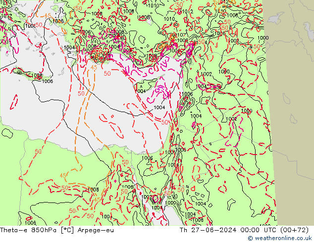 Theta-e 850hPa Arpege-eu jue 27.06.2024 00 UTC