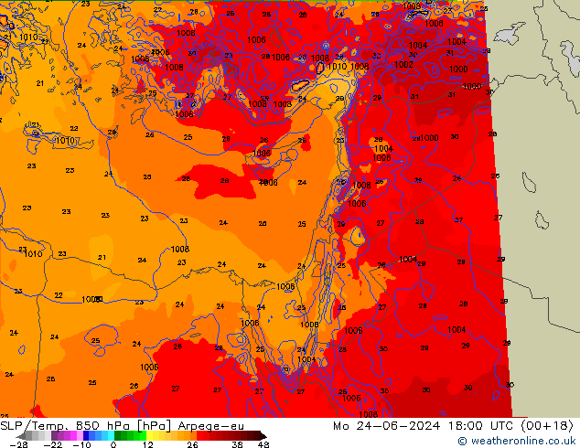 SLP/Temp. 850 hPa Arpege-eu  24.06.2024 18 UTC