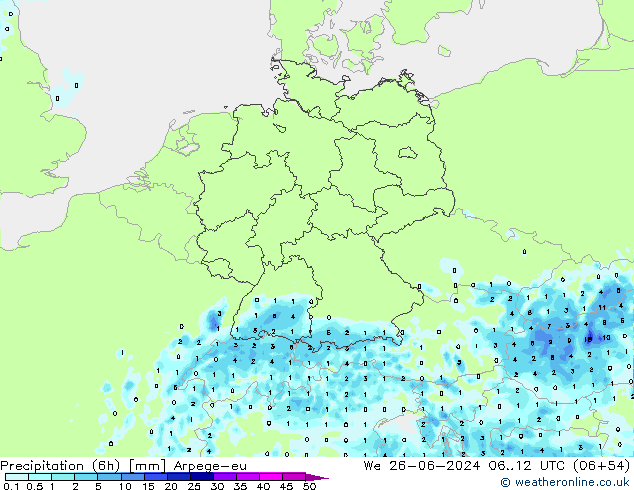 осадки (6h) Arpege-eu ср 26.06.2024 12 UTC