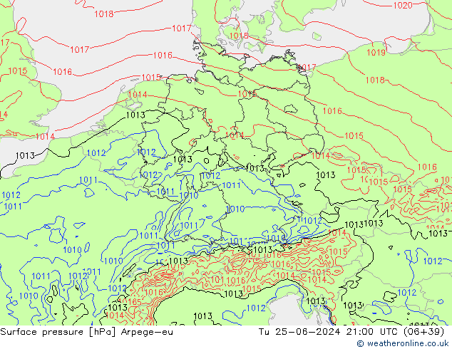 Atmosférický tlak Arpege-eu Út 25.06.2024 21 UTC