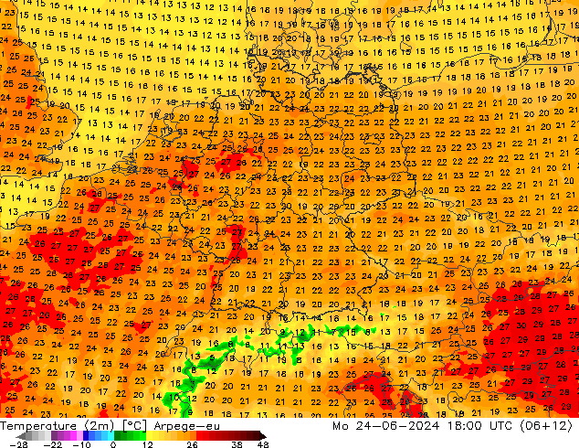 Temperaturkarte (2m) Arpege-eu Mo 24.06.2024 18 UTC