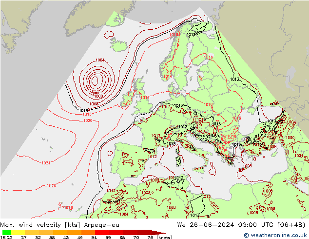 Max. wind velocity Arpege-eu St 26.06.2024 06 UTC