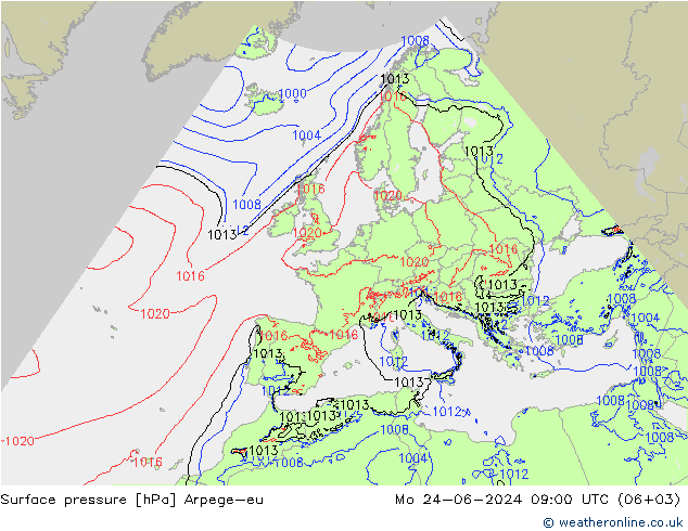 Surface pressure Arpege-eu Mo 24.06.2024 09 UTC