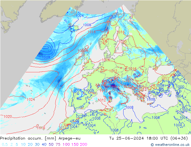 Totale neerslag Arpege-eu di 25.06.2024 18 UTC
