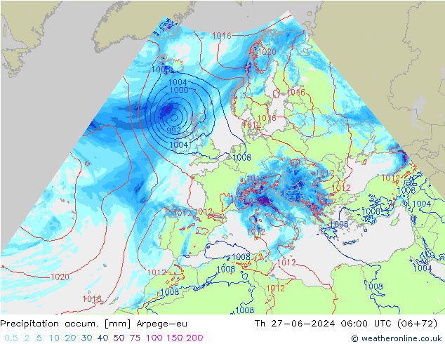 Precipitation accum. Arpege-eu Th 27.06.2024 06 UTC