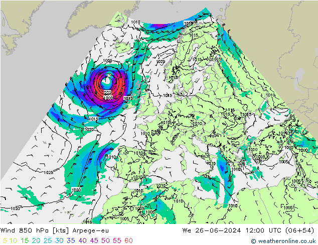 Wind 850 hPa Arpege-eu wo 26.06.2024 12 UTC
