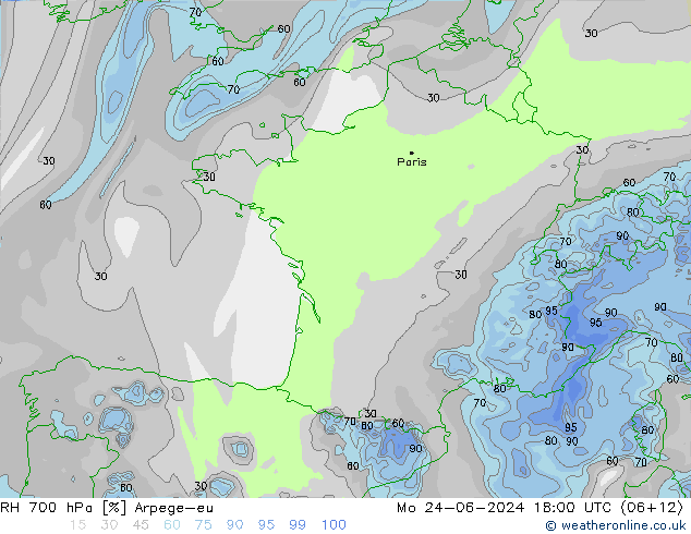 RH 700 hPa Arpege-eu Po 24.06.2024 18 UTC