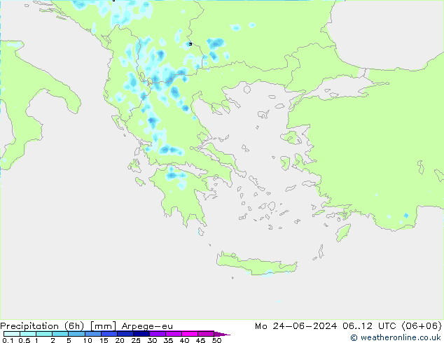 Precipitation (6h) Arpege-eu Mo 24.06.2024 12 UTC